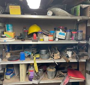 lot 148 image: Assorted Garage Items Including Nails, Hard Hat, Straps, and Containers