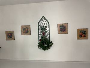 lot 101 image: Wall Decor Lot Fruit Prints and Metal Wall Hanging with Votive Holder