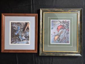 lot 200 image: Framed Bird Artwork Prints - Pair of Cardinals and Blue Jays