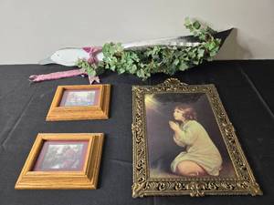 lot 210 image: Lot of 4 Home Decor Items - Framed Artwork and Wooden Goose Decor