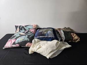 lot 215 image: Lot of Decorative Pillows with Various Designs and Blanket