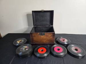 lot 258 image: Vintage Wooden Box with Assorted Vinyl Records