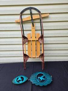 lot 326 image: Vintage Wooden Sled and Decorative Metal Ornaments