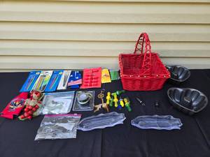 lot 332 image: Assorted Household and Craft Supply Lot with Tools and Basket