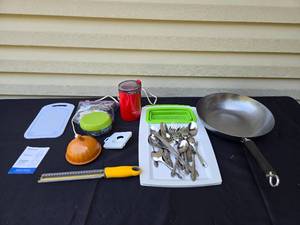 lot 337 image: Kitchenware Lot - Pan, Utensils, Cutting Board, Grater, and More