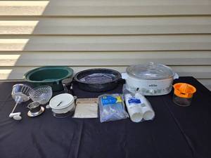 lot 377 image: Assorted Kitchenware Lot including Slow Cooker, Cheesecloth, Utensils, and More