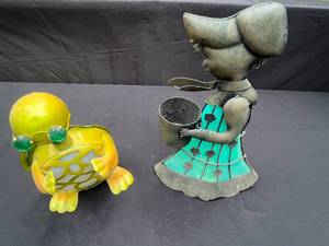 lot 307 image: Lot of 2 Metal Yard Art Sculptures - Turtle and Girl with Bucket
