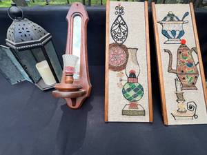 lot 309 image: Vintage Pair of Framed Wall Art with Decorative Lantern and Candle Holder