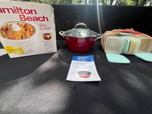 lot 364 image: Kitchen Equipment Lot Hamilton Beach Slow Cooker, Crofton Dutch Oven, and Storage Containers