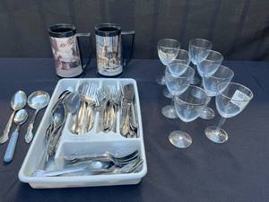 lot 367 image: Mixed Lot of Flatware, Fostoria Wine Glasses, and Decorative Mugs
