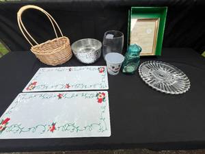 lot 369 image: Decorative Household Lot - Placemats, Framed Poetry, Wicker Basket, Glassware & More