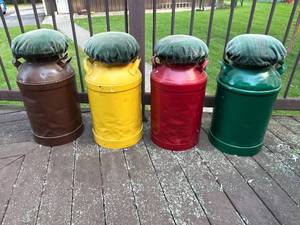 lot 392 image: Set of 4 Colorful Painted Milk Cans with Cushions