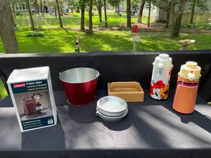 lot 300 image: Lot of Coleman Propane Lantern, Thermoses, Metal Bucket, Metal Plates, and Wooden Box
