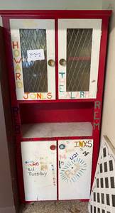 lot 404 image: Vintage Red Wooden Cabinet with Glass Doors and Hand-Painted Artwork