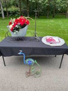 lot 445 image: Assorted Home Decor Items - Velvet Bed Canopy, Candle Holder, Peacock Figurine & Floral Sled Arrangement