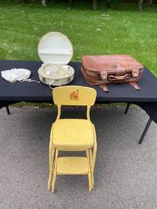 lot 447 image: Vintage Lot VTG GE Hair Dryer, VTG Yellow Step Stool, Brown Leather Suitcase