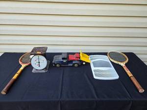 lot 405 image: Vintage Tennis Rackets, Toy Trucks, and Household Items Lot
