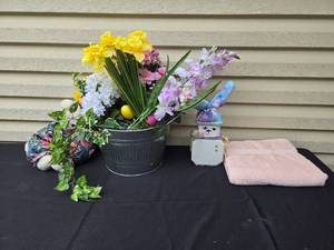 lot 429 image: Decorative Lot Flower Arrangement, Plush Rabbit, Towel, and Bunny Decor