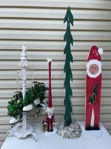 lot 469 image: Handcrafted Christmas Decor Lot Wooden Santa, Ice Skate Stand & Tall Ornaments