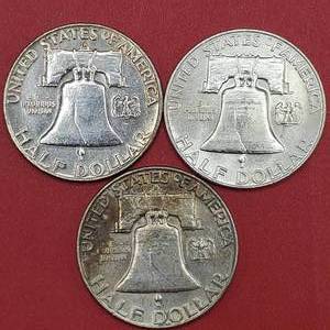 lot 98 image: 3 Franklin Half Dollars--Higher Grade--1957, 1959 & 1959-D