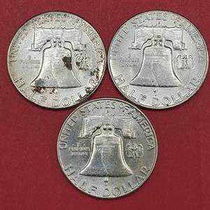 lot 99 image: 3 Franklin Half Dollars--Higher Grade--1961, 1961-D & 1963