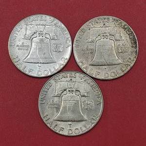 lot 100 image: 3 Franklin Half Dollars--Higher Grade--1949, 1949-D & 1950-D