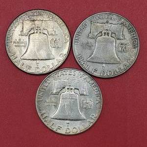 lot 101 image: 3 Franklin Half Dollars--Higher Grade--1951, 1952, Plus the semi-key 1951-S