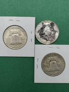 lot 160 image: 3 Franklin Half Dollars, one is damaged
