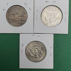 lot 184 image: 1 1908-D Barber Half Dollar, 1 1964 Kennedy Half Dollar--Both 90% Silver--and 1 1965 40% Silver Kennedy Half Dollar