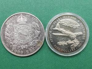 lot 207 image: 1889 Brazil 2000 Reis, Actual Silver Wt.7517 Toz & 2000 Liberia 5 Dollar Coin, Pearl Harbor Commemerative
