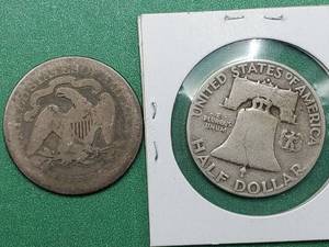 lot 212 image: 1870 Seated Liberty Half Dollar & 1951-D Franklin Half Dollar