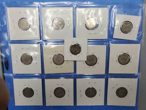 lot 233 image: 12 Barber Dimes and a 1891 Seated Liberty Dime--all 90% Silver