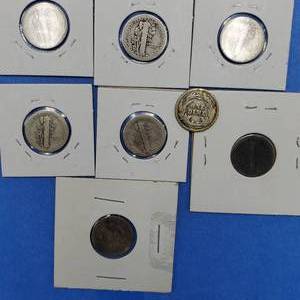 lot 234 image: 6 Mercury Dimes, 1 Barber Dime & 1 Seated Liberty Dime--all 90% Silver