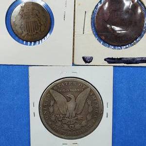 lot 239 image: 1891-O Morgan Silver Dollar, 1817 Large Cent & 1866 2-Cent Piece