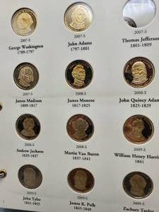 lot 271 image: 2007-2016 PROOF US Presidential Dollars--38 Coins, complete except for the 2007-S Jefferson.