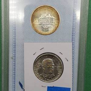 lot 285 image: 1982-D Geaorge Washington (MS65) & 1946 Booker T Washington Half Dollars--90% Silver