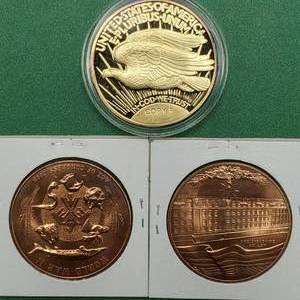 lot 287 image: 2008 Code Talkers & 2011 Flight 77 Medals in Copper, Plus a COPY Double Eagle (NOT GOLD)