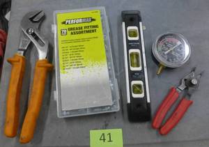 lot 41 image: Misc tools - grease fittings, pliers, level