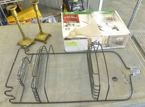 lot 122 image: TV wall mount, shower rack, brass candlesticks