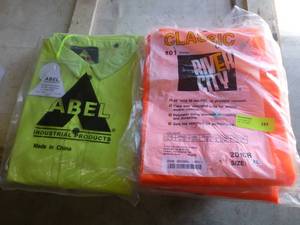 lot 197 image: Two XL Blaze Orange Rain Coats, one XL lime green rain suit