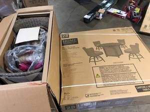 lot 47 image: Hampton Bay Hazelhurst 5-Piece Gas Fire pit Counter Height Dining Set     Customer Returns See Pictures