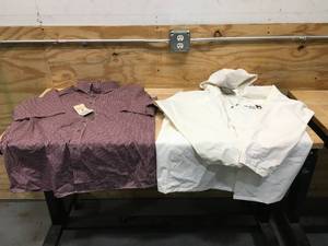 lot 197 image: Short Sleeve Button Up Shirt Size XLT And White Rain Coat Size Large