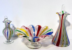 lot 11 image: Vintage Rainbow Latticino Ribbon 3 Piece Glass Lot