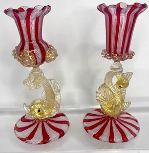 lot 14 image: Vintage Red & White 3 Piece Hand Blown Art Glass Including Hand Blown Art Glass Serpent Candle Holders
