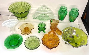 lot 69 image: Vintage Greens & Amber Colored Glassware
