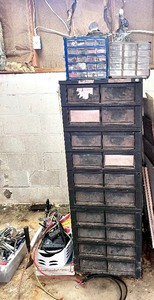 lot 175 image: Assortment Of Garage Tools & Industrial Metal Parts Storage Cabinet
