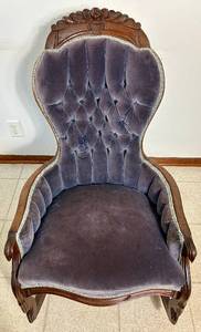lot 14 image: Antique Blue Velvet Tufted Rocking Chair with Carved Wood Accents