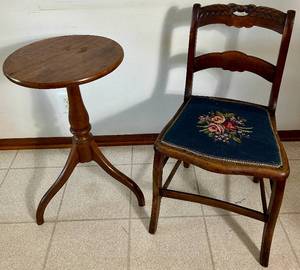 lot 12 image: Vintage Rose Carved Back Chair with Needlepoint Cushion and Side Table