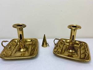 lot 31 image: Antique Brass Chamberstick with Shuttle Ejector Mechanism, Brass Night Candle Holder 4.5 H plus brass candle snuffer