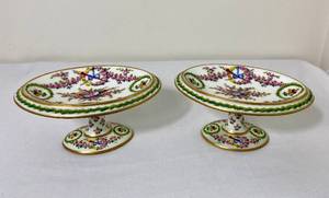 lot 32 image: Vintage Hand Painted Compote Pedestal Bowl- Sevres with S on Bottom